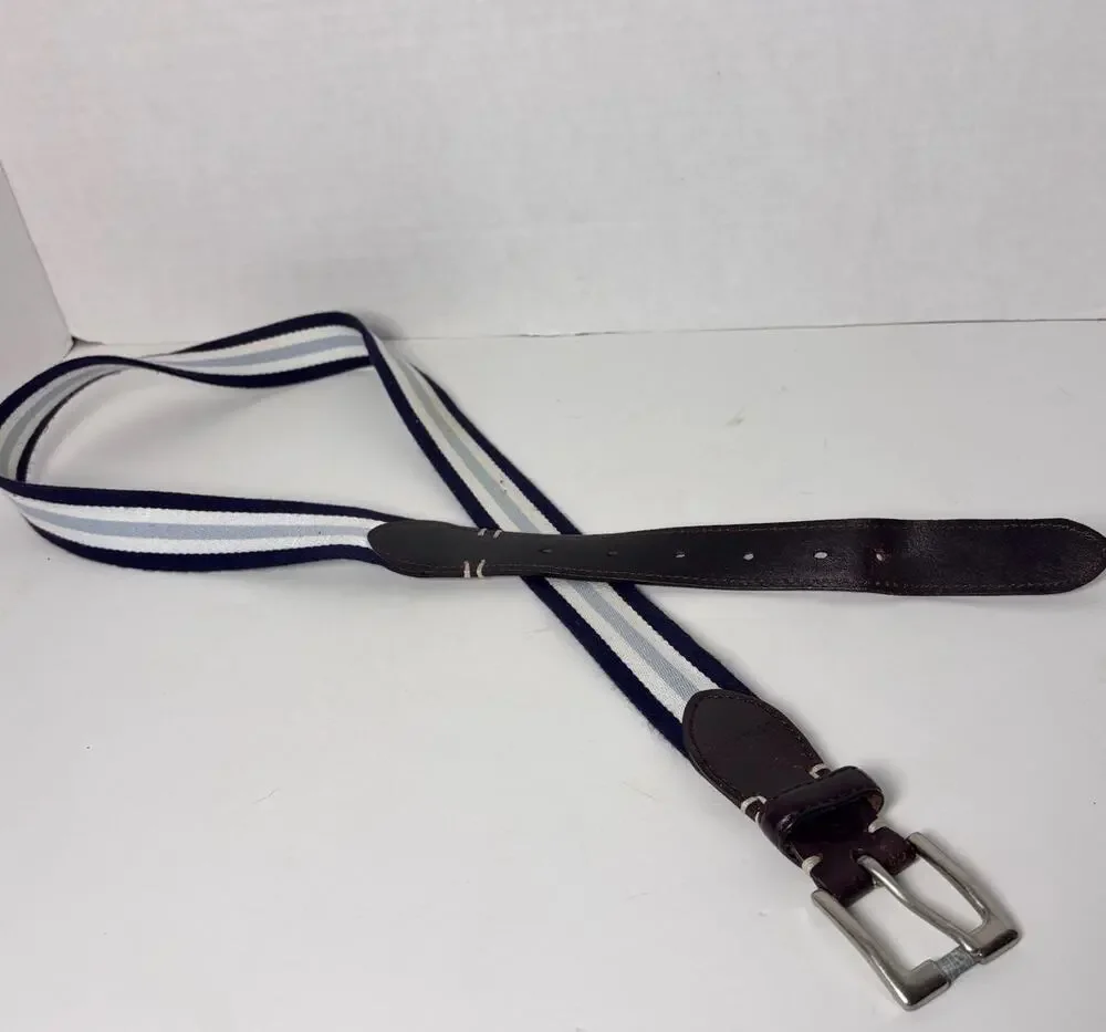 Sperry Top-Sider Men’sBelt Navy Light Blue White Striped Canvas W/ Leather Sz 38